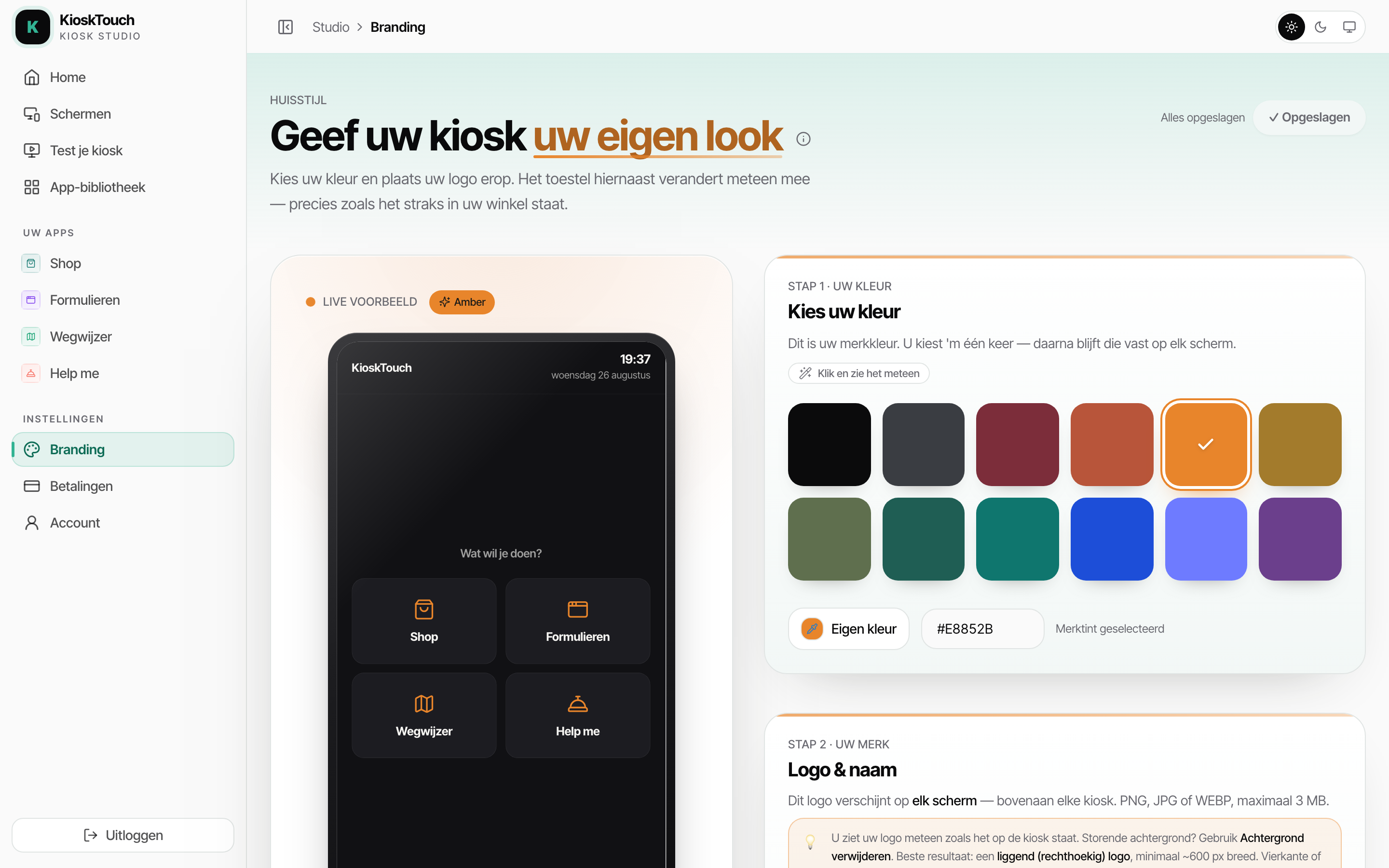 De pagina Branding. Links het voorbeeld, rechts de stappen.