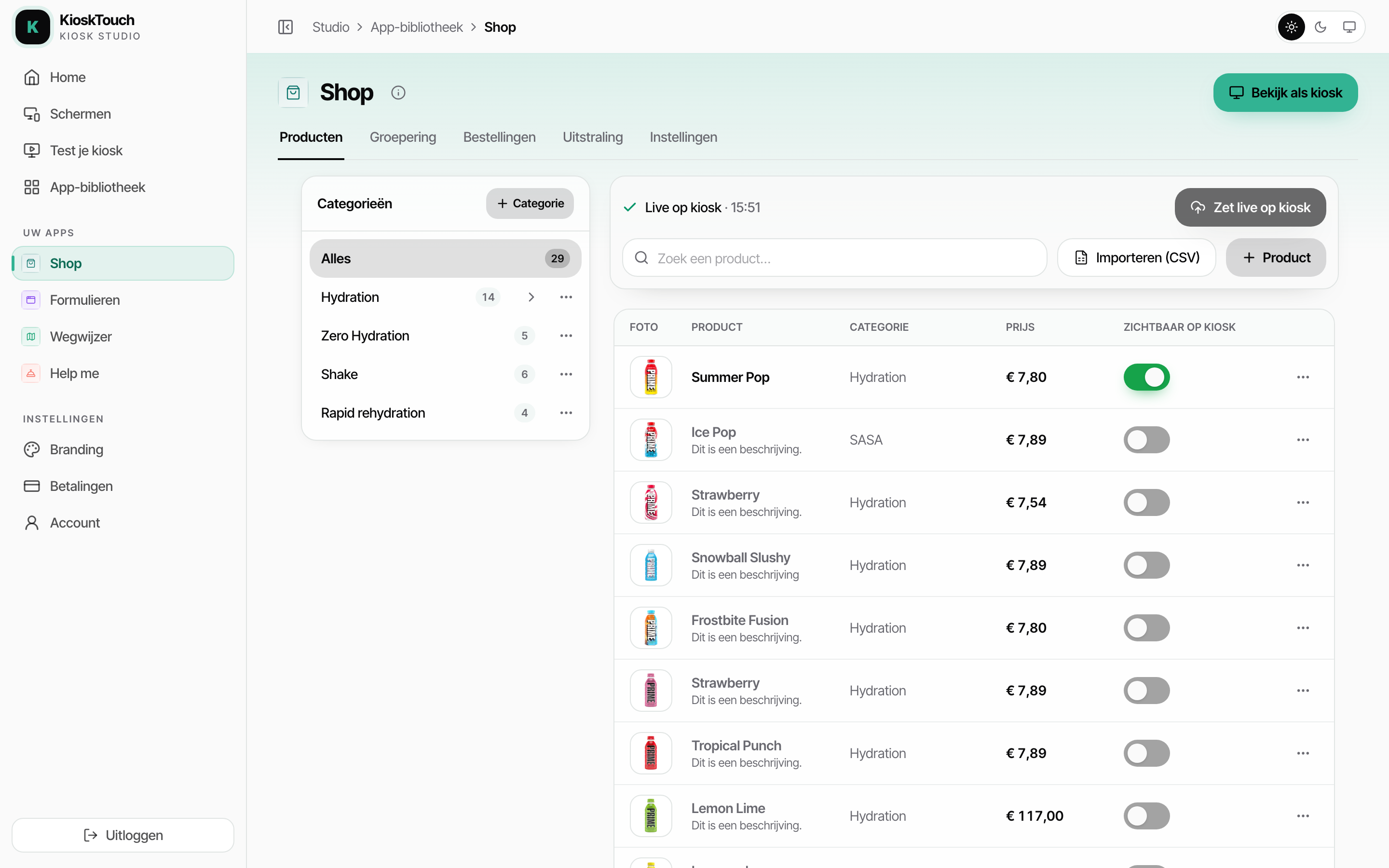 De Shop-app: uw producten, met per product of hij op de kiosk staat.